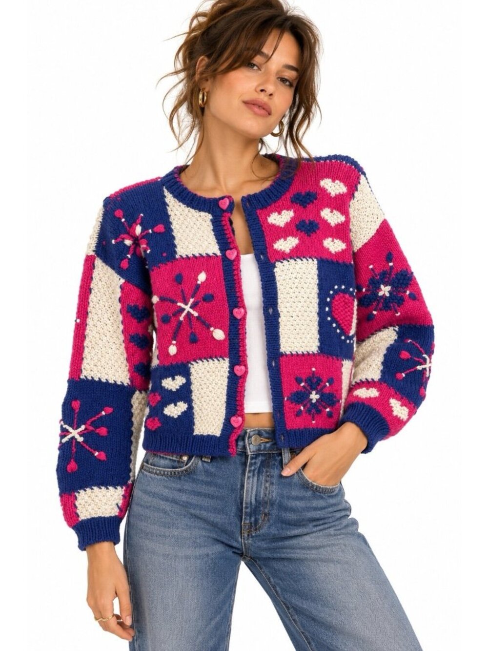 vintage 90s CARDIGAN SWEATER pink blue LARGE hand knit patchwork cottage